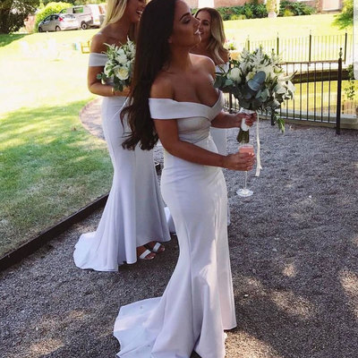 Off the shoulder white mermaid bridesmaid dresses - Thumbnail 4