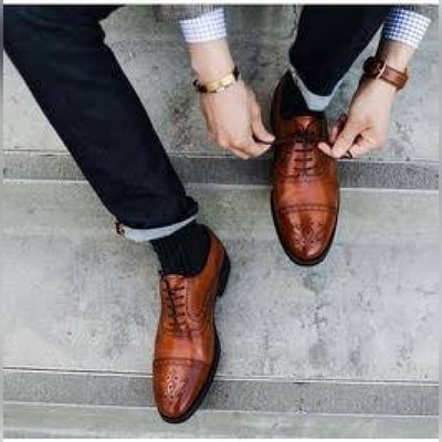 Handmade brown cap toe brogue party wear dress shoes - Thumbnail 3