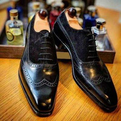 Men's handmade black wing tip brogue leather suede office luxury formal shoes