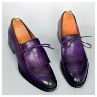 Handmade Men Oxford Fringe Purple leather party shoes Purple leather dress shoes - Thumbnail 4