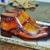 Handmade Tan Leather Buckle Boot, Men's Double Monk Strap Brogue Two Tone Boots - Thumbnail 1