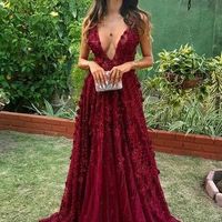 Charming A Line V Neck Burgundy Lace Prom Dresses, Chic Evening Party Dresses - Thumbnail 1