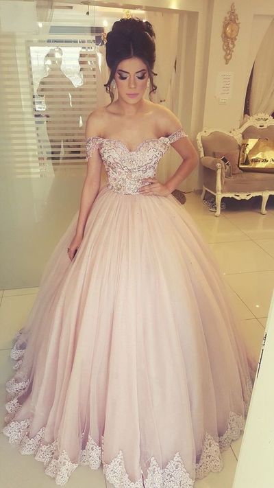Sweet Ball Gown Off the Shoulder Pink Tulle Prom Dresses with Appliques, Quinceanera Dresses