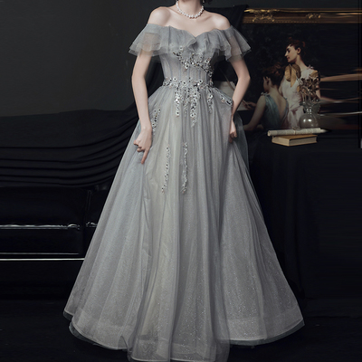 Gray tulle lace long prom dress evening dress - Thumbnail 4