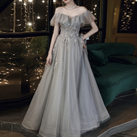 Gray tulle lace long prom dress evening dress - Thumbnail 1