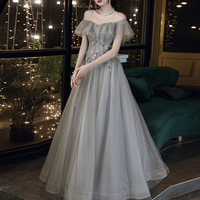 Gray tulle lace long prom dress evening dress - Thumbnail 2