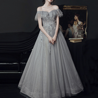 Gray tulle lace long prom dress evening dress - Thumbnail 3