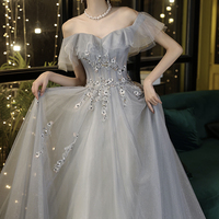 Gray tulle lace long prom dress evening dress - Thumbnail 4