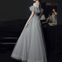 Gray tulle lace long prom dress evening dress - Thumbnail 5