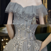 Gray tulle lace long prom dress evening dress - Thumbnail 6