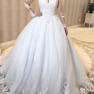 Ball gown sheer neck long sleeve lace wedding dresses,lace appliques bridal gown