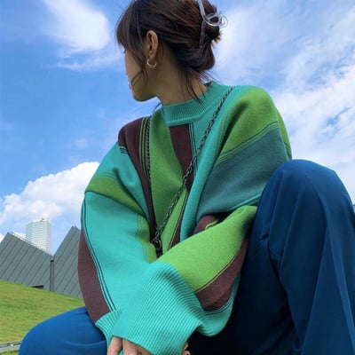 Green color block jumper knit sweater