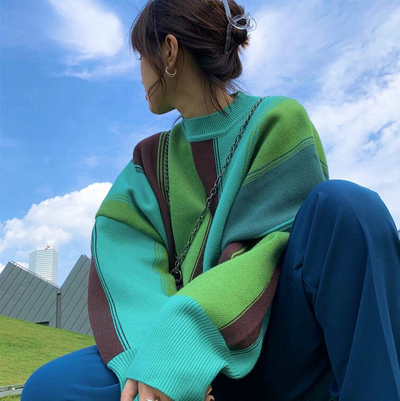 Green Color Block Jumper Knit Sweater