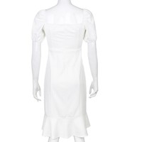 White Short Sleeve Midi Dress with Slit - Thumbnail 4