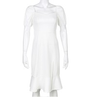 White Short Sleeve Midi Dress with Slit - Thumbnail 5