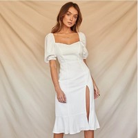White Short Sleeve Midi Dress with Slit - Thumbnail 2