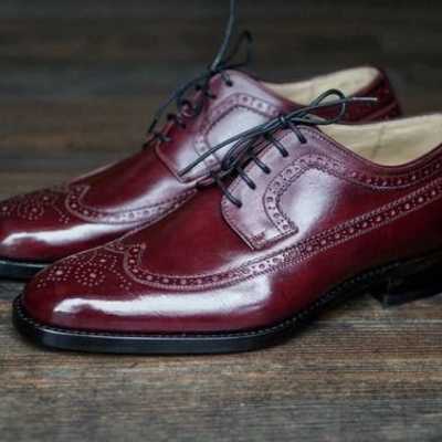 Handmade burgundy wing tip brogue leather lace up shoes,men shoes ,formal shoes - Thumbnail 2