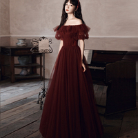 Burgundy tulle long prom gown formal dress - Thumbnail 1