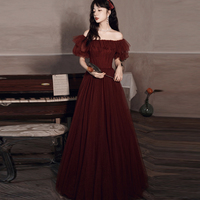 Burgundy tulle long prom gown formal dress - Thumbnail 2