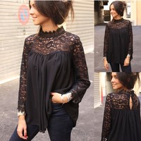 Chic Black Lace Sleeve Blouse - Thumbnail 2