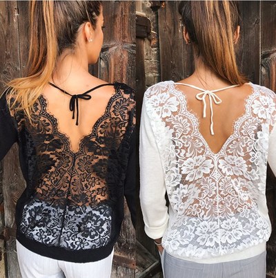 Sexy Lace Back Loose Long Sleeve Top