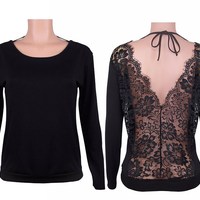 Sexy Lace Back Loose Long Sleeve Top - Thumbnail 4