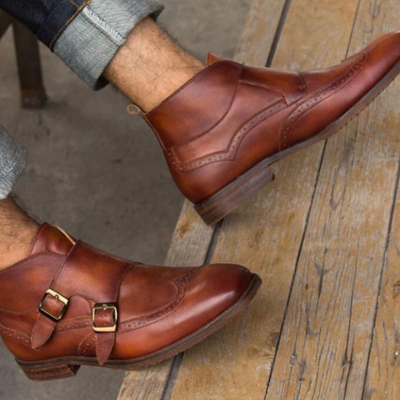 Handmade mens wing tip brogue double monk chukka boots, men casual ankle boot - Thumbnail 1