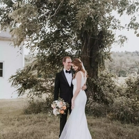 Mermaid V Neck Open Back White Satin Wedding Dresses - Thumbnail 4