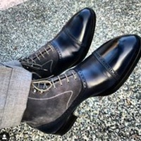 Handmade Men's Gray Black Leather Suede Boot, Men's Lace Up Cap Toe Boot - Thumbnail 4