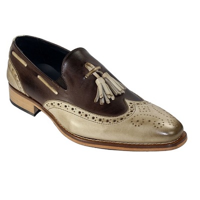 Beige brown tassel loafer slip on genuine leather wing tip full brogue toe handmade shoes