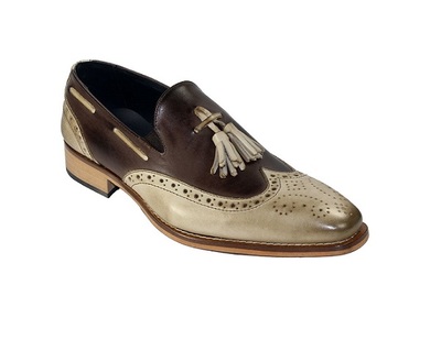 Beige Brown Tassel Loafer Slip On Genuine Leather Wing Tip Full Brogue Toe Handmade Shoes