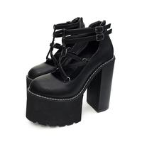 Gothic Black White Strapy Chunky High Heels  - Thumbnail 3