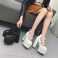 Gothic Black White Strapy Chunky High Heels  - Thumbnail 2