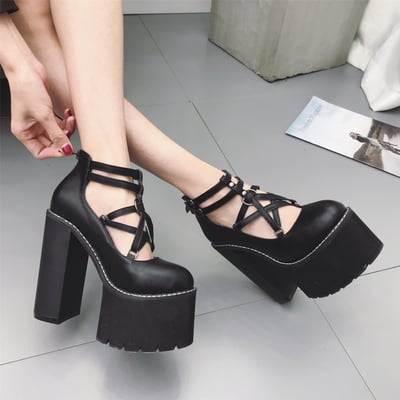 Gothic black white strapy chunky high heels 