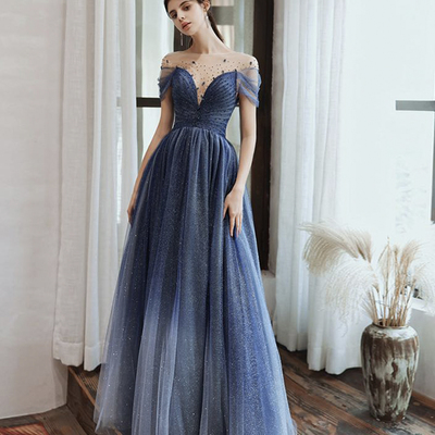Blue tulle beads long prom dress evening dress - Thumbnail 5