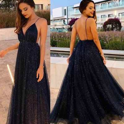 Spaghetti straps navy blue prom dresses - Thumbnail 2