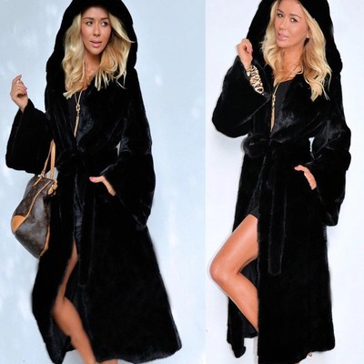 Black hooded faux fur coat