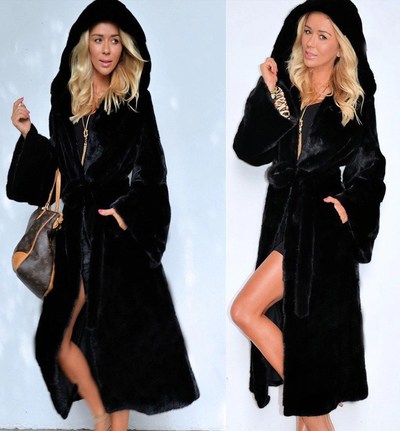Black Hooded Faux Fur Coat