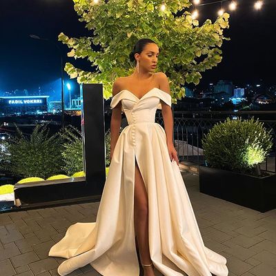 Gorgeous a line off the shoulder white long prom/wedding dress with split front