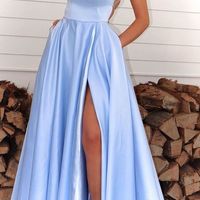 Elegant A-Line Scoop Neck Cross Back Yellow Satin Long Prom Evening Dresses with Split - Thumbnail 2