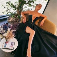 Hot Sexy A Line Deep V Neck Black Long Prom/Evening Party Dress with Split Front - Thumbnail 2