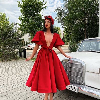 Beautiful a line deep v neck red tea length prom party dress - Thumbnail 3