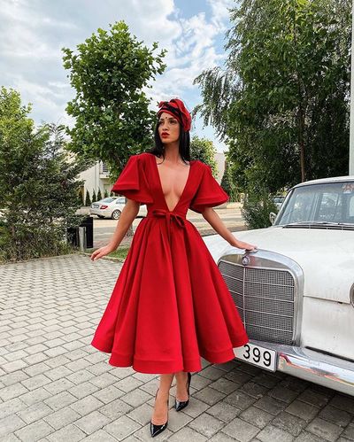 Beautiful A Line Deep V Neck Red Tea Length Prom Party Dress