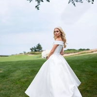 Charming A-Line Off the Shoulder White Satin Wedding Dresses - Thumbnail 2