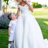 Charming A-Line Off the Shoulder White Satin Wedding Dresses - Thumbnail 3