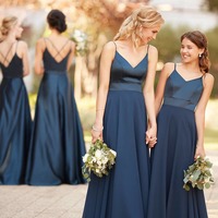 Elegant V Neck Navy Blue Satin Bridresmaid dresses - Thumbnail 2