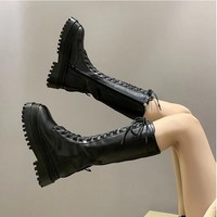 Black Platform Lace up Mid Calf Boots - Thumbnail 1