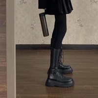 Black Platform Lace up Mid Calf Boots - Thumbnail 4