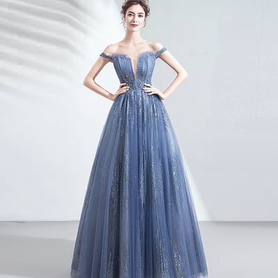 Blue tulle sequins long prom dress evening dress - Thumbnail 5