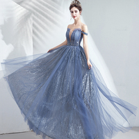 Blue tulle sequins long prom dress evening dress - Thumbnail 3